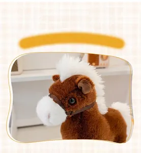 Close-up of a brown and white plush horse toy with soft fur texture.