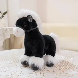 Realistic black and white horse plush toy with soft mane for children's bedroom decor