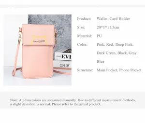 Detail view of the pink PU leather mobile phone crossbody bag with specifications