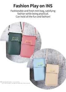 Detail view of multi-color mini crossbody phone bags for women with cat design