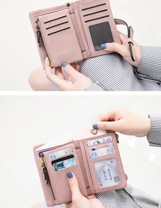 Detail view showing internal card slots and layout of the pink PU leather wallet