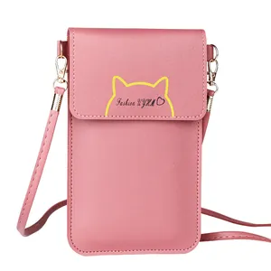 Elegant pink leather crossbody phone bag for women with cute cat ear pattern design