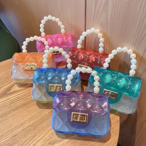 Mini Borsa Jelly in PVC Trasparente con Manico in Perla Artificiale Borsa a Tracolla Quadrata Trapuntata per Bambini Ragazze Moda