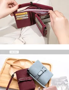Detailed view of women's short PU leather wallet showing interior slots and exterior colors