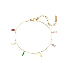 Edelstahl Mehrfarbige Zirkonia Anhänger Halskette Für Damen Vergoldet Geometrische Rechteck Runde Edelstein Armband Mode Schmuck Zubehör