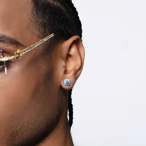 Hip-hop silver square stud earring with blue sapphire stone and halo diamonds for men