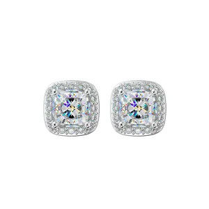 Elegant silver square halo stud earrings with iced-out stones for hip-hop style