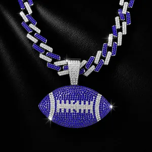 Hip Hop Colorful American Football Pendant Necklace Iced Out Gold Silver Plated Zinc Alloy Rhinestone Cuban Link Chain Men Street Jewelry Gift