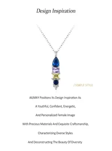 Detail view of 925 sterling silver necklace with geometric colorful gemstone pendant design.