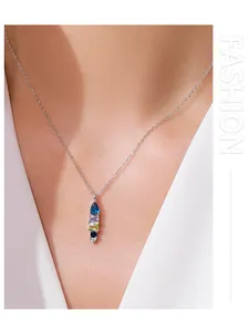 Elegant S925 silver necklace with colorful geometric gemstone pendant on model