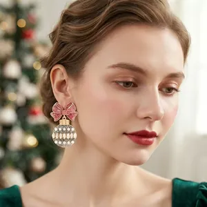 Orecchini a Goccia con Fiocco Natalizio e Palla Rotonda in Lega con Strass e Künstliche Perle Sintetiche Orecchini Pendenti per Feste Rosso Verde Oro Argento