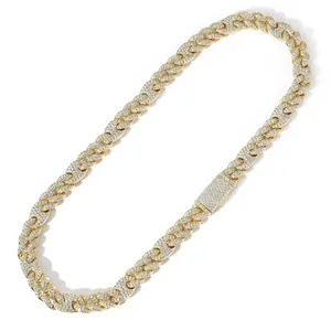 10mm brede hiphop-ketting met zirkonia-stenen en gouden afwerking voor dames en heren.