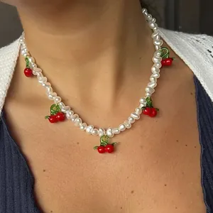 Collier Bracelet en Perles d'Eau Douce Naturelles Fraise Rose Fleur en Verre Soufflé Acier Titane Plaque Or 18k Bijoux