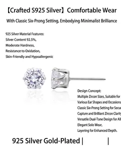 Detail view of S925 sterling silver stud earrings with classic six-prong CZ setting