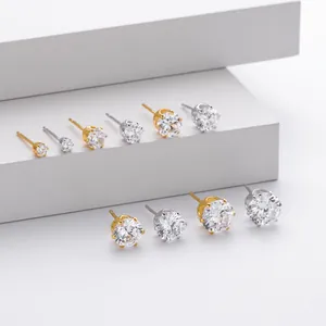 Detailed view of classic six-prong S925 sterling silver zircon stud earrings in various sizes