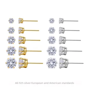 925 Sterling Silver Six Prong Stud Earrings For Women With Zirconia Moissanite Brilliant Round Cut Classic Jewelry Gift