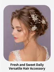 Exquisite detail of handmade white flower bridal hair pins on elegant model's bun