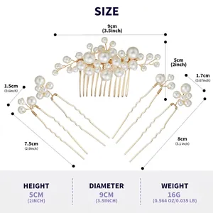 Detailed size specifications for pearl bridal hair comb and hairpin set with weight