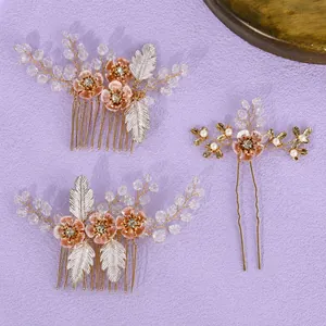 Handmade floral bridal hair comb and pin set with crystals and pearls on purple background.