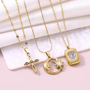 Trendy Stainless Steel Zirconia Pendant Necklace For Women Electroplated Gold Moon Sun Heart Cross Aesthetic Jewelry Gift