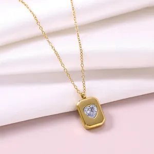 Elegant gold rectangular pendant necklace with sparkling heart zirconia for women fashion