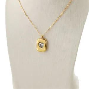 Fashionable gold square pendant necklace with a sparkling heart-shaped crystal inlay