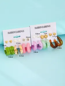 Detail view of 6-pair resin hoop and stud earring set with specific size measurements.