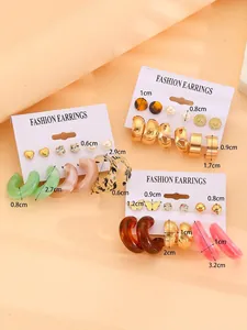 Detailed dimensions for colorful resin hoop and stud earring sets in multiple styles