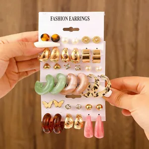 Alloy Resin Stud And Hoop Earrings Set With Faux Artificial Pearl Rhinestone Geometric Print Earrings For Women Fashion Jewelry