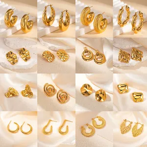 Vintage Stainless Steel Geometric Gold Stud Earrings For Women Minimalist Irregular Hammered Pleated Lava Texture Hoop Earrings