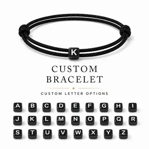 Korean Style Simple Handmade Woven Black Wax Thread Bracelet Adjustable Letter Bead Hand Rope Jewelry For Women Men Couples