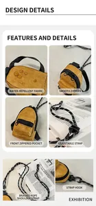 Primeros planos de un mini bolso de cuello amarillo mostaza con tela impermeable y cremalleras