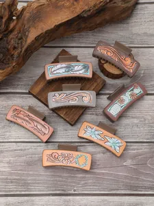 Pinces à cheveux en cuir style western avec motifs cactus et fleurs sur bois