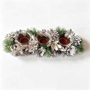 Elegant Christmas center piece candle holder with pine cones, needles and silver bells decoration