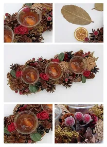 Festive Christmas wreath candle holder with pine cones, red roses and glass cup details