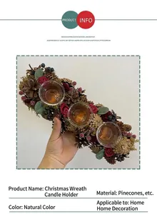 Hand-held detail view of a Christmas wreath candle holder with cones and red roses.
