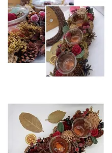 Detailed close-up of a Christmas wreath candle holder decorated with pine cones