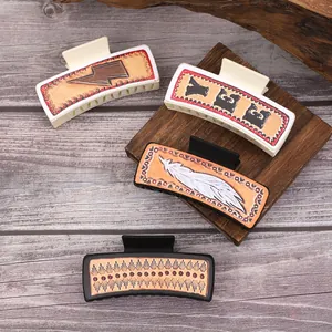 Pinces à cheveux en cuir style Western avec motifs plumes et éclairs rustiques pour femme