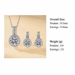 Macro view of sparkly round zircon pendant necklace and earrings set with dimensions