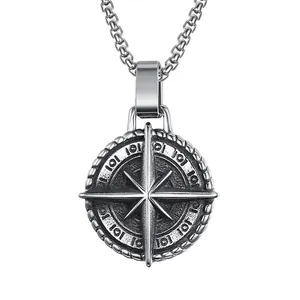 Detailed close-up view of a vintage nautical compass pendant made of stainless steel.