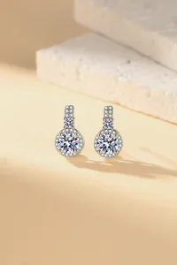 Macro shot of silver-tone halo stud earrings featuring sparkling clear zirconia