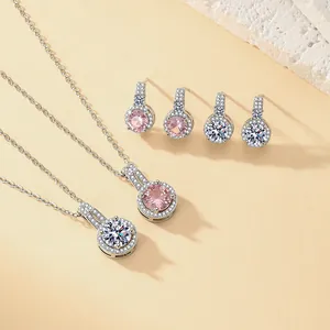 Korean Style Fashion Round Halo Zirconia Jewelry Set Copper Silver Plated Pave Zircon Necklace Stud Earrings For Women Wedding Party