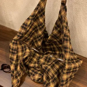 Sac hobo vintage en toile à carreaux jaune et noir, grande capacité avec fermeture éclair
