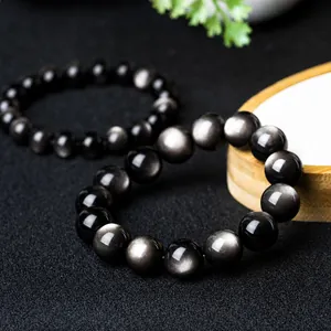 Hochwertiges Armband aus natürlichem Silber-Obsidian mit schimmernden Katzenaugen-Perlen