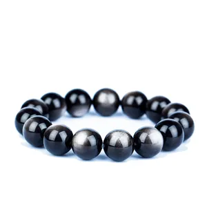 Natürliches Silberglanz-Obsidian-Perlenarmband mit Katzenaugeneffekt für Damen und Herren.