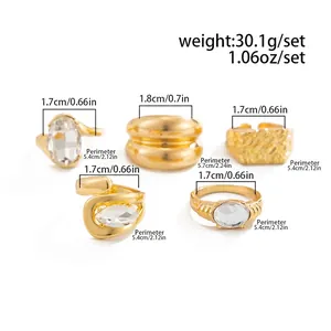 Detailed measurements for vintage gold ring set with rhinestones and textured designs