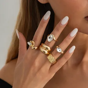 Vintage gold chunky ring set with irregular hollow rhinestones and pleated texture for women