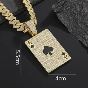 Close-up view of iced out Ace of Spades pendant necklace with 5.5cm x 4cm measurements