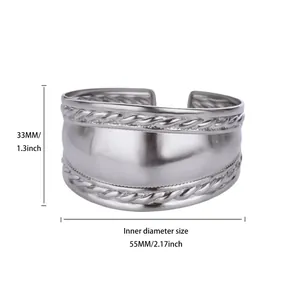 Bracelet manchette large en acier inoxydable argenté, largeur 33 mm et diamètre intérieur 55 mm