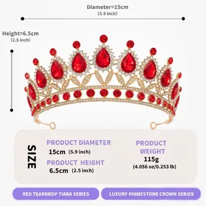 Red teardrop tiara dimensions showing 15cm diameter and 6.5cm height for wedding